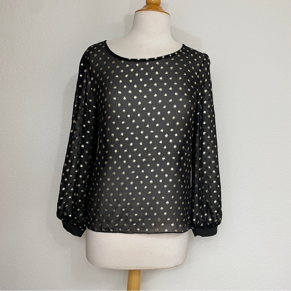 3/$25 Tea N Rose Womens Black Metallic Gold Polka Dot Blouse Size Medium Classic